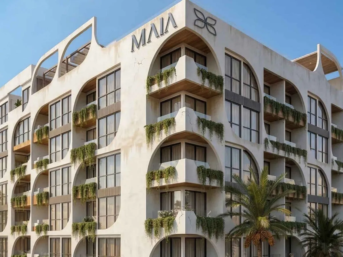 Rendering of the Maia building facade, with its name at the top