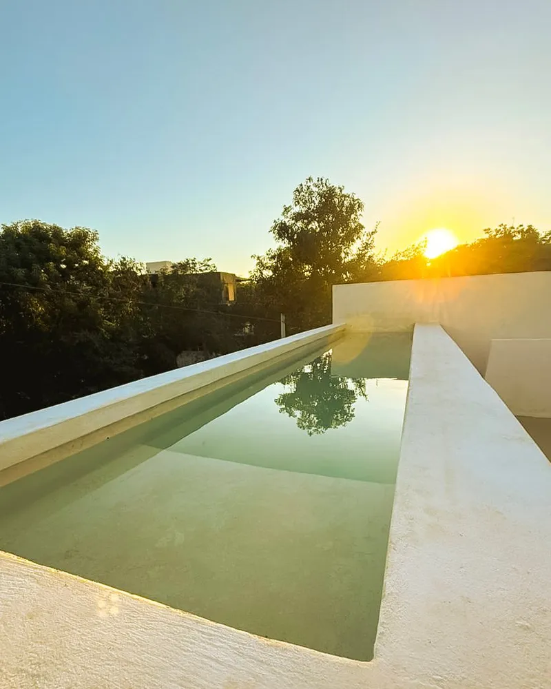 Piscine sur le toit au coucher du soleil, entourée par la jungle de Tulum